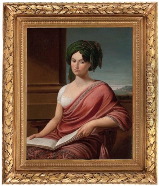 Sitz-portrait Einer Dame Mit Buch (lady Hamilton?) Vor Pfeiler Und Landschaftsausschnitt Oil Painting - Andrea Appiani