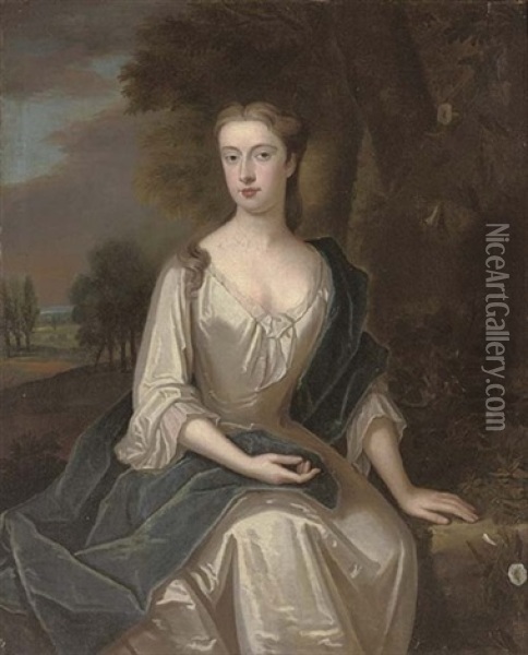 Portrait Of A Lady (mrs Chetham, Nee Mary Holt ?) In An Oyster Satin Dress And Blue Wrap Oil Painting - Maria Verelst