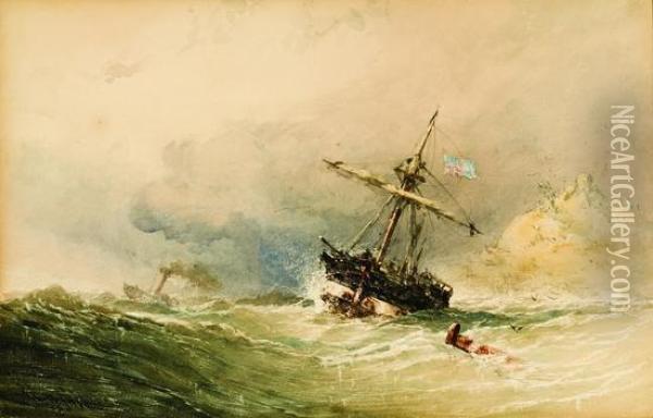 Distressed Ship In A Stormy Sea Oil Painting - John Callow