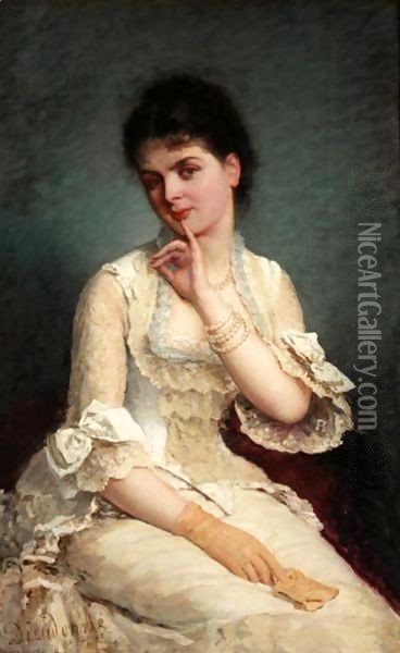 Portrait Of An Elegant Lady In A White Dress Oil Painting - E. Dieudonne