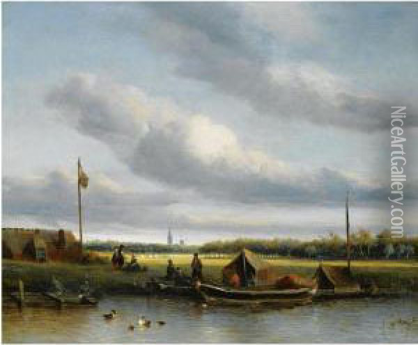 Figures By A Boat In A Summer Landscape Oil Painting - Antonie Waldorp