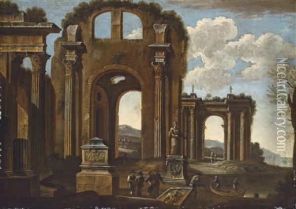A Capriccio Of Classical Ruins With Figures Oil Painting - Niccolo Codazzi