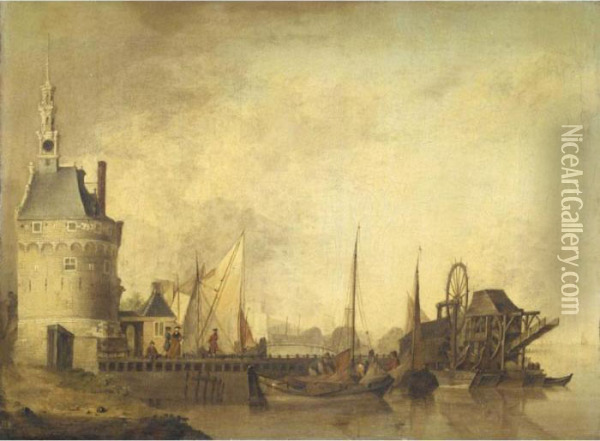 A Canal Scene With Elegant Figures On A Quay, Together With Peasants Loading Barges Oil Painting - Jan van Os