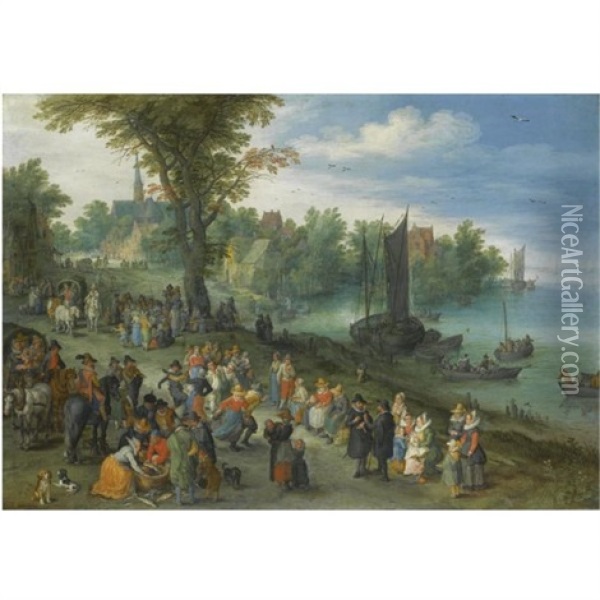 The Edge Of A Village With Figures Dancing On The Bank Of A River And A Fish-seller And A Self Portrait Of The Artist In The Foreground Oil Painting - Jan Brueghel the Elder