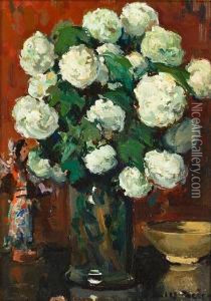 Still Life With Pink An Yellow Roses In A Vase; Still Life With White Flowers In A Vase (a Pair) Oil Painting - Jules Eugene Pages