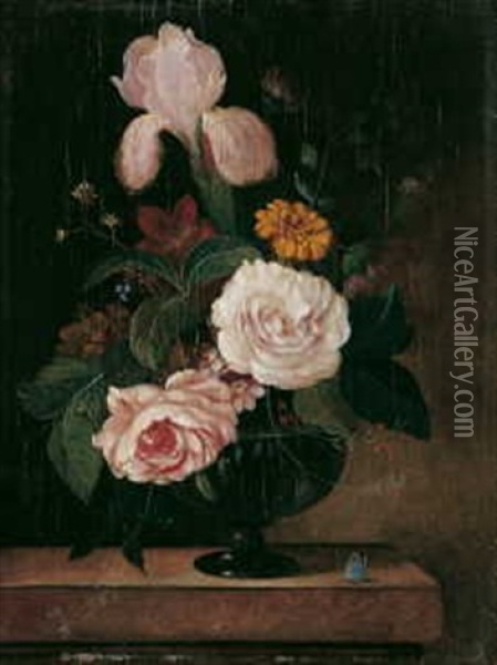 Blumenstilleben. Auf Einem Steintisch Glasvase Mit Rosen, Tulpen Und Lilien Oil Painting - Franz Xaver Petter