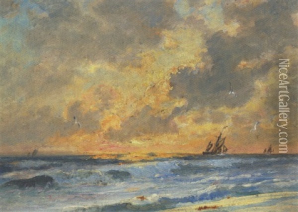 Skibe Pa Havet Ud For Skagens Kyst Ved Solnedgangstide Oil Painting - Holger Henrik Herholdt Drachmann