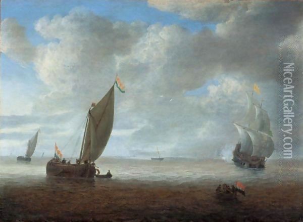 Dutch Coastal Vessels In A Light Breeze, A Man Of War Firing A Salute Beyond Oil Painting - Hendrik van Anthonissen