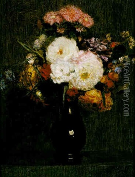Dahlias, Reines Marguerites, Roses Et Bleuets Oil Painting - Henri Fantin-Latour