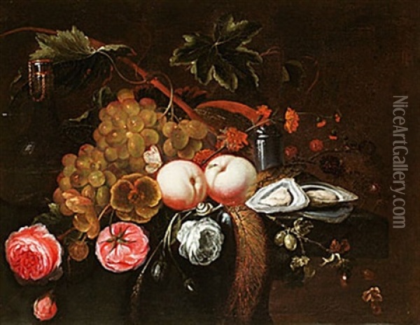 Stilleben Med Blommor, Frukter Och Ostron Oil Painting - Jan van den Hecke the Elder