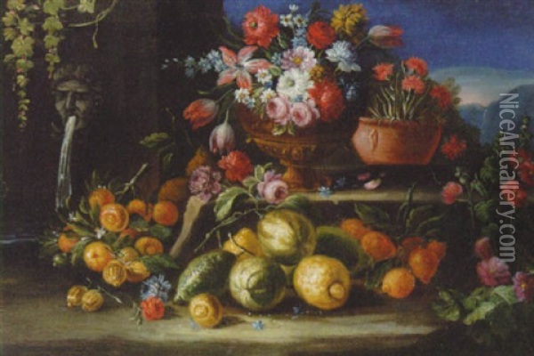 Peonies, Narcissi, Tulips And Other Flowers In A Gilt Bowl With Melons, Oranges And Lemons On A Ledge By A Fountain Oil Painting - Gasparo Lopez