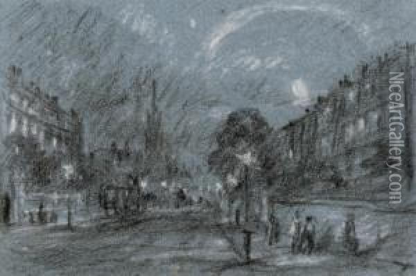 Carriages And Figures On An Illuminated Georgian Street Oil Painting - George James Rowe