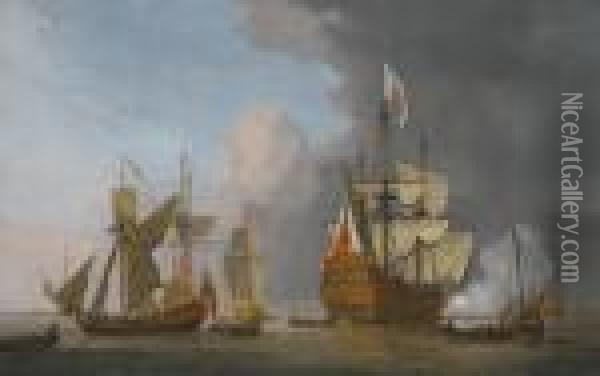 The Royal Sovereign Firing A 
Single Cannon With A Royal Yacht In A Light Air, Longboats And Other 
Men-of-war And Shipping On A Calm Sea With Land Beyond To The Left Oil Painting - Willem van de, the Elder Velde
