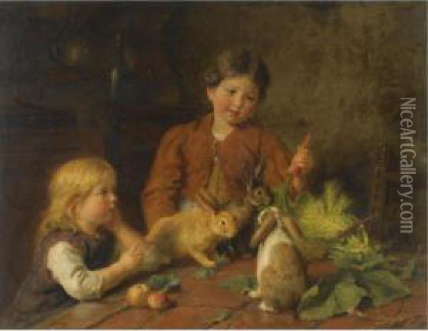 Futterung Der Kaninchen (children Feeding Rabbits) Oil Painting - Felix Schlesinger
