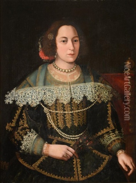 Portrait Of A Lady, Seated, Half Length, Wearing A Fine Lace Collar And Cuffs Over A Black Brocaded Dress Decorated With Gold Detailing, A Baroque Pearl Necklace And Earrings, Holding A Fan Oil Painting - Marcus Gerards the Elder