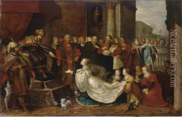 Esther Before Ahasuerus (esther V:2-34) Oil Painting - Frans II Francken