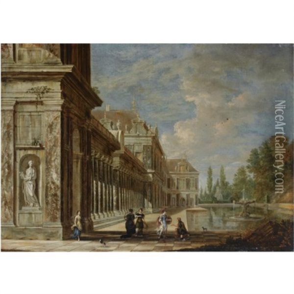 A Palace Capriccio Beside A Fountain With A Soldier And Elegant Figures In The Foreground Oil Painting - Jacob Ferdinand Saeys