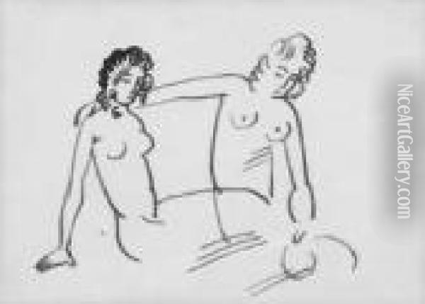 Zwei Sitzende Weibliche Akte (lagernde Nackte Madchen) Oil Painting - August Macke