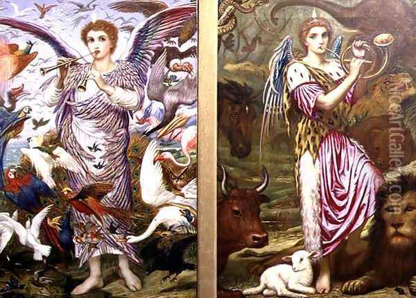 Benedicite No.4 O all ye fowls of the air left panel and Benedicite No.5 O ye beasts and cattle right panel, 1899 Oil Painting - Edward A. Fellowes Prynne