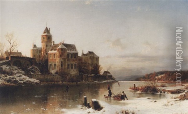 Skaters On A Frozen Lake, Beside A Castle Oil Painting - Johannes Bartholomaeus Duntze