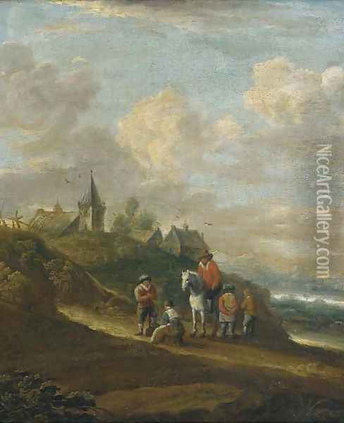 A dune landscape with peasants resting on a track, a town beyond Oil Painting - Pieter Molijn
