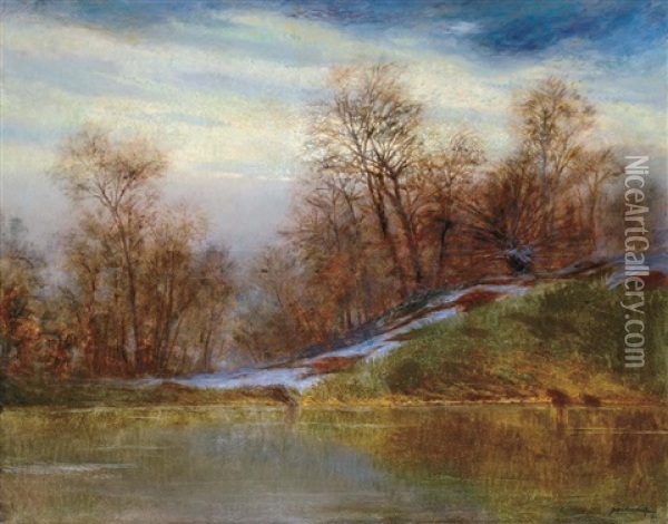 Snowy Riverside Oil Painting - Jeno Szepesi-Kuszka