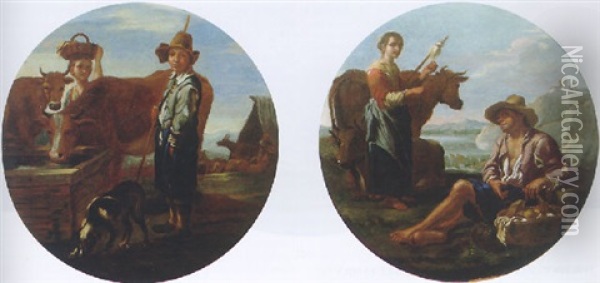 Shepherds In A Landscape Oil Painting - Jan Miel