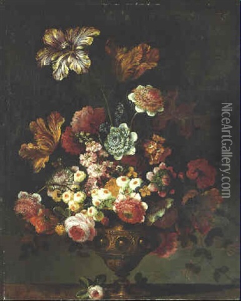 Parrot Tulips, Roses, Carnations And Other Flowers In A Brass Vase On A Ledge Oil Painting - Jean-Baptiste Belin de Fontenay the Elder