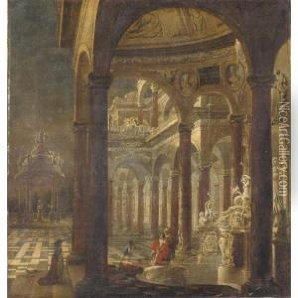 An Architectural Capriccio With Bathsheba Receiving The News Of The Death Of Her Husband Uriah The Hittite Oil Painting - Wilhelm Schubert Von Ehrenberg