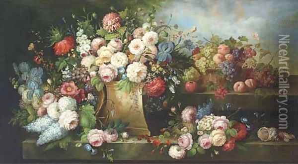 Summer flowers, a bird's nest, shells and a basket of fruit on a stone ledge Oil Painting - French School