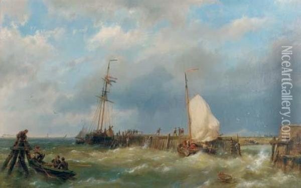 By A Jetty In Stormy Waters Oil Painting - Hermanus Koekkoek