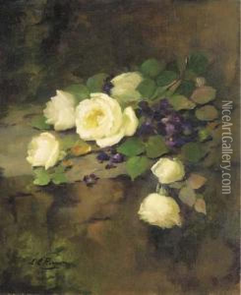 White Roses And Violets Oil Painting - Louise Ellen Perman