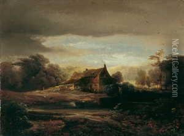 Landschaft Mit Gehoft Bei Aufziehendem Gewitter. Oil Painting - Caspar Johann Nepomuk Scheuren