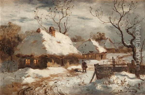 Pejzaz Zimowy Z Chatami I Wedrowcem Oil Painting - Severin Bieszczad