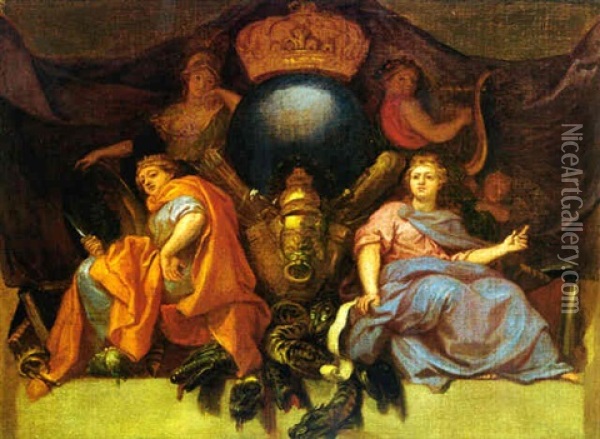 Minerva And The Muses Melpomone, Poyhymnia And Erato Oil Painting - Charles Le Brun