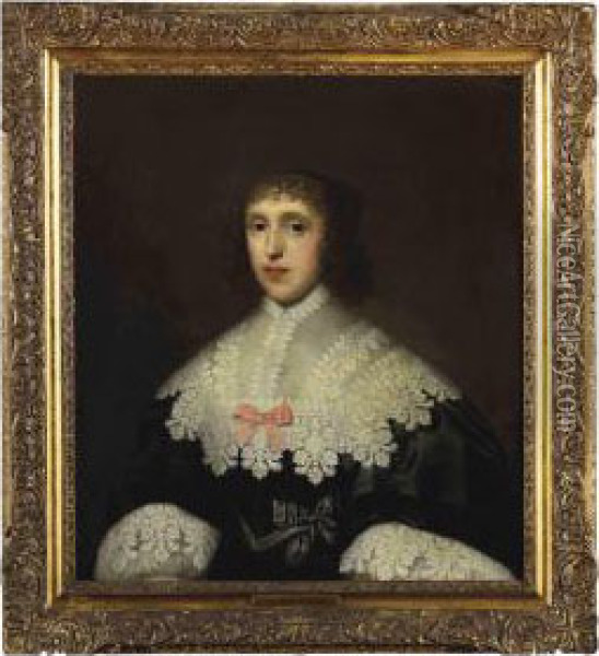 Portrait Of A Lady, Half-length, In A Black Dress With A Lace Collar And Cuffs Oil Painting - Cornelius Janssens Van Ceulen