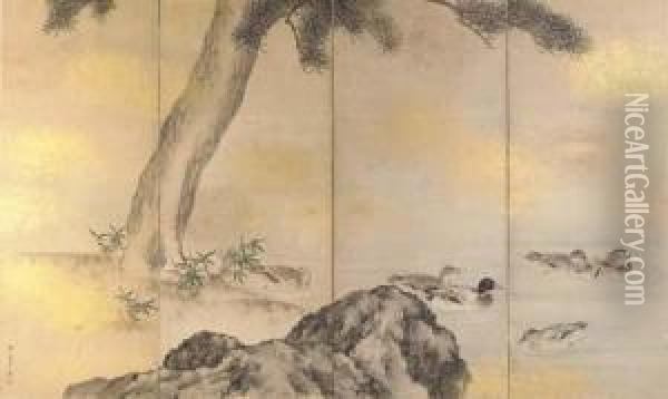 Ducks Swimming Under A Pine Tree Oil Painting - Nakajima Raisho
