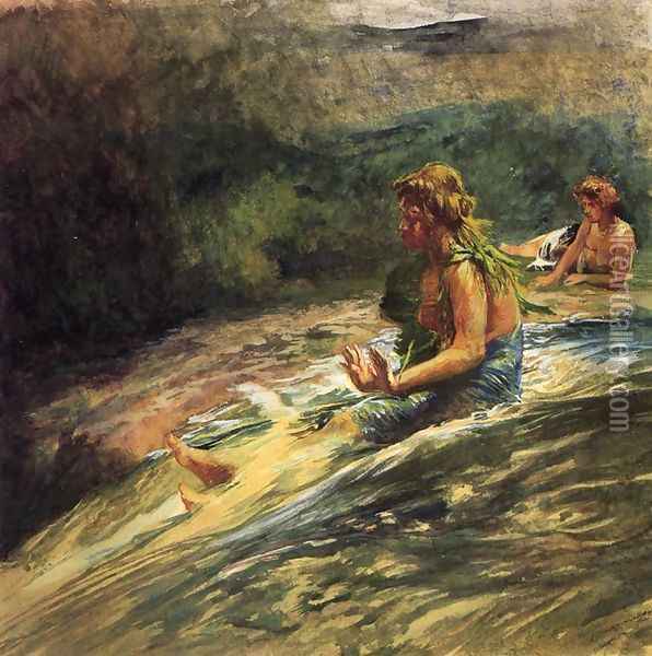 Girl Sliding Down Water Fall Banna Leaf Around Her Body Oil Painting - John La Farge