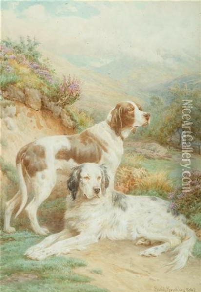 Two Setters In A Landscape Oil Painting - Basil Bradley