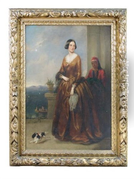 Portrait Of Miss Frances Blagrave, Later Mrs Charles Digby, On A Terrace In An Italian Landscape, With Her Eastern Maid And A Papillon Beside Her Oil Painting - Richard Buckner