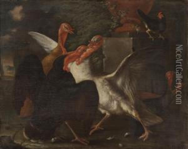 Tacchini E Gallo In Un Giardino Sullo Scorcio Di Un Paesaggio Oil Painting - Baldassare De Caro