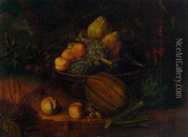 A Basket With Peaches, Grapes, Pears And Figs On A Stone Ledge With Peaches, A Melon And Artichoke In A Landscape Oil Painting - Tommaso Salini