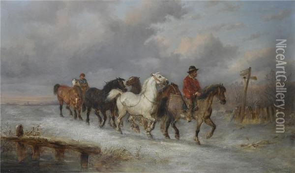 Winterlandschaft Mit Reitern Und Ihren Pferden Auf Dem Weg Zumpferdemarkt Oil Painting - Alexis de Leeuw