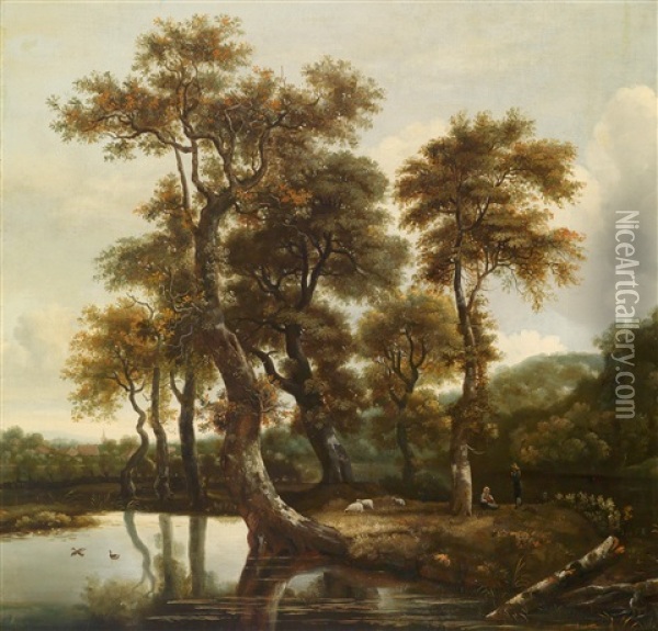 Waldlandschaft Mit Einem Hirtenpaar Und Schafen Oil Painting - Jacob Van Ruisdael