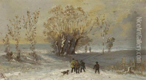 Winterlandschaft Mit Jagern Oil Painting - Adolf Stademann