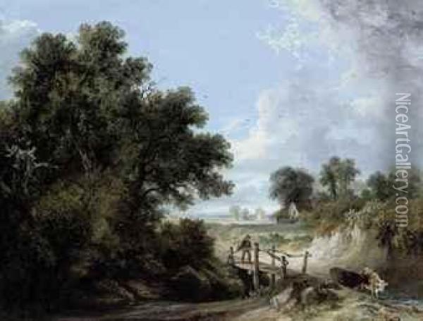 A Drover And Cattle Crossing A Wooden Bridge Oil Painting - James Stark