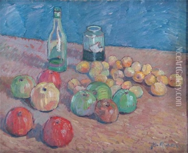 Still Life Of Apples And Plums With A Bottle And Jar Oil Painting - John Riddle