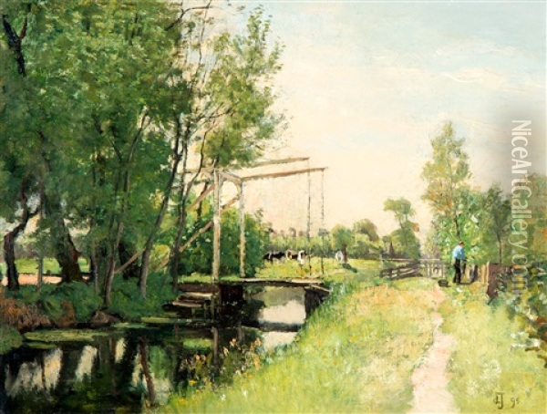 Bij Het Ophaalbruggetje Van De Broeksloot Te Voorburg Oil Painting - Johan Antonie de Jonge