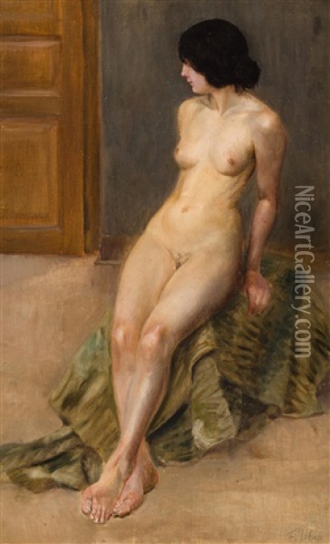 Sitting Nude Girl Oil Painting - Frantisek Jakub