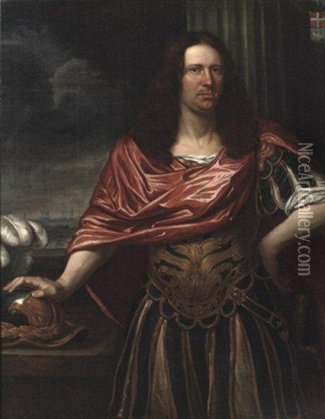 Portrait Of Engel De Ruyter, Three-quarter-length, Dressed As A Roman General In An Antique Costume With A Red Wrap, Standing Before A Curtain, His Right Hand Resting On His Helmet, A Seascape Beyond Oil Painting - Jan de Baen